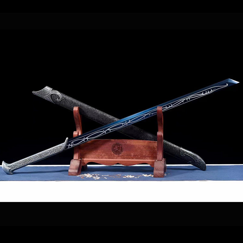 Tang Hengdao Manganese Steel One-Piece Grilled Blue Embroidered Spring Knife Film and Television Sword Hand-Forged Town House Sword Cold Weapon